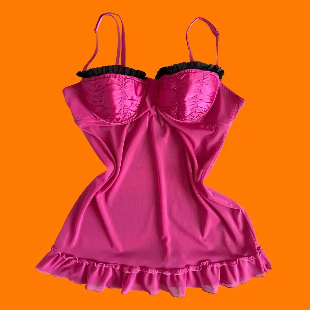 00's vintage hot pink satin mesh mcbling babydoll y2k lingerie bustier slip L - Picture 1 of 5